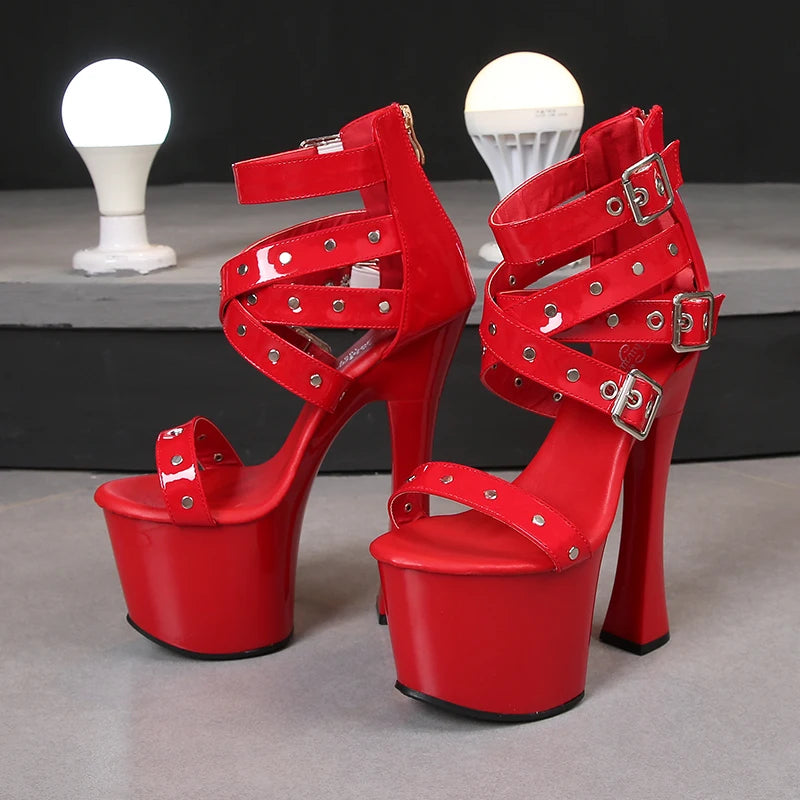 Summer Night Club Women Rivets Sandals 2021 New Thick High Heel Platform Lady Open Toe High Heels Fashion Belt Buckle Zip Shoes