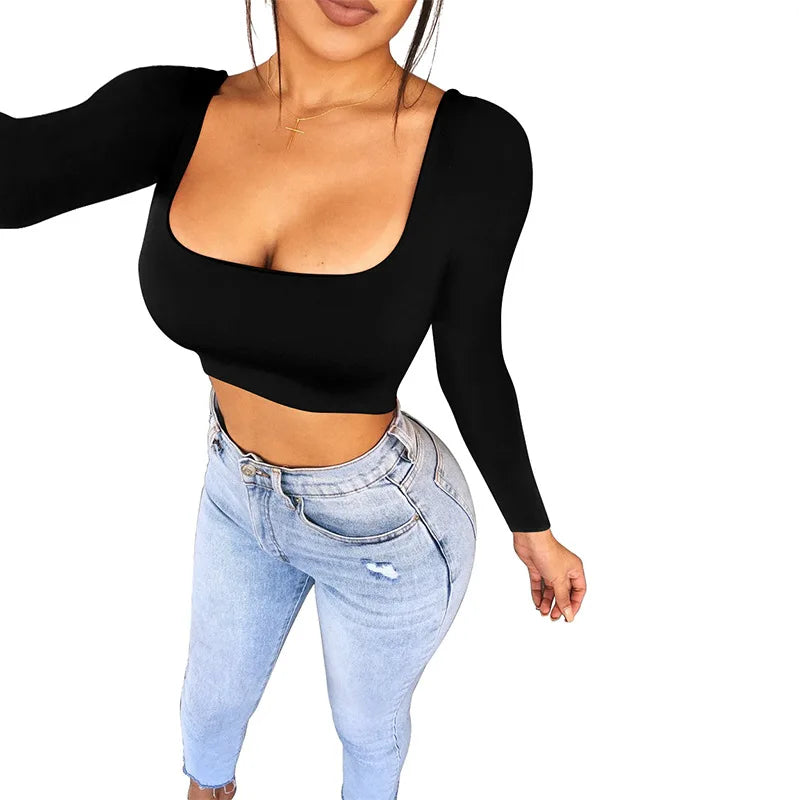 Women Summer Spring Crop Top Square Neck Long Sleeve Black White Tee