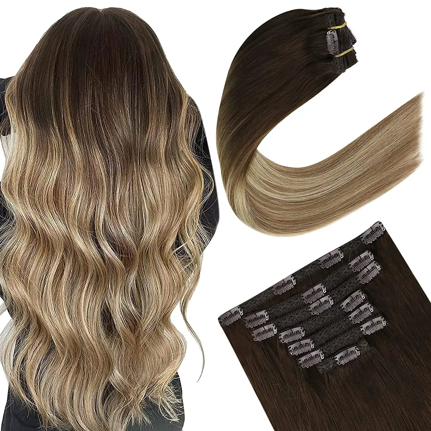 Ugeat Clip In Human Hair Extensions Blonde Color Seamless Invisible Full Head Balayage Soft Remy Hair Extensions For Salon