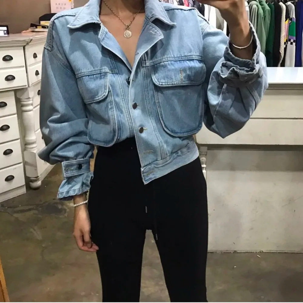 Autumn Denim Jacket Women Chic Casual Boyfriend Style Office Lady Loose Fit Coat