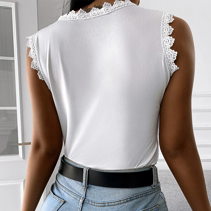 Summer Floral Lace Sleeveless Blouse O Neck Tank Top For Women Rose Pattern