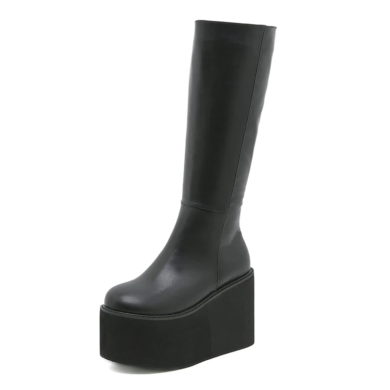 Gdgydh Matte Black Knee High Boots Women Platform Wedges High Heels Thick Bottom Ladies INS Hot Winter Fashion Elegant Drop Ship