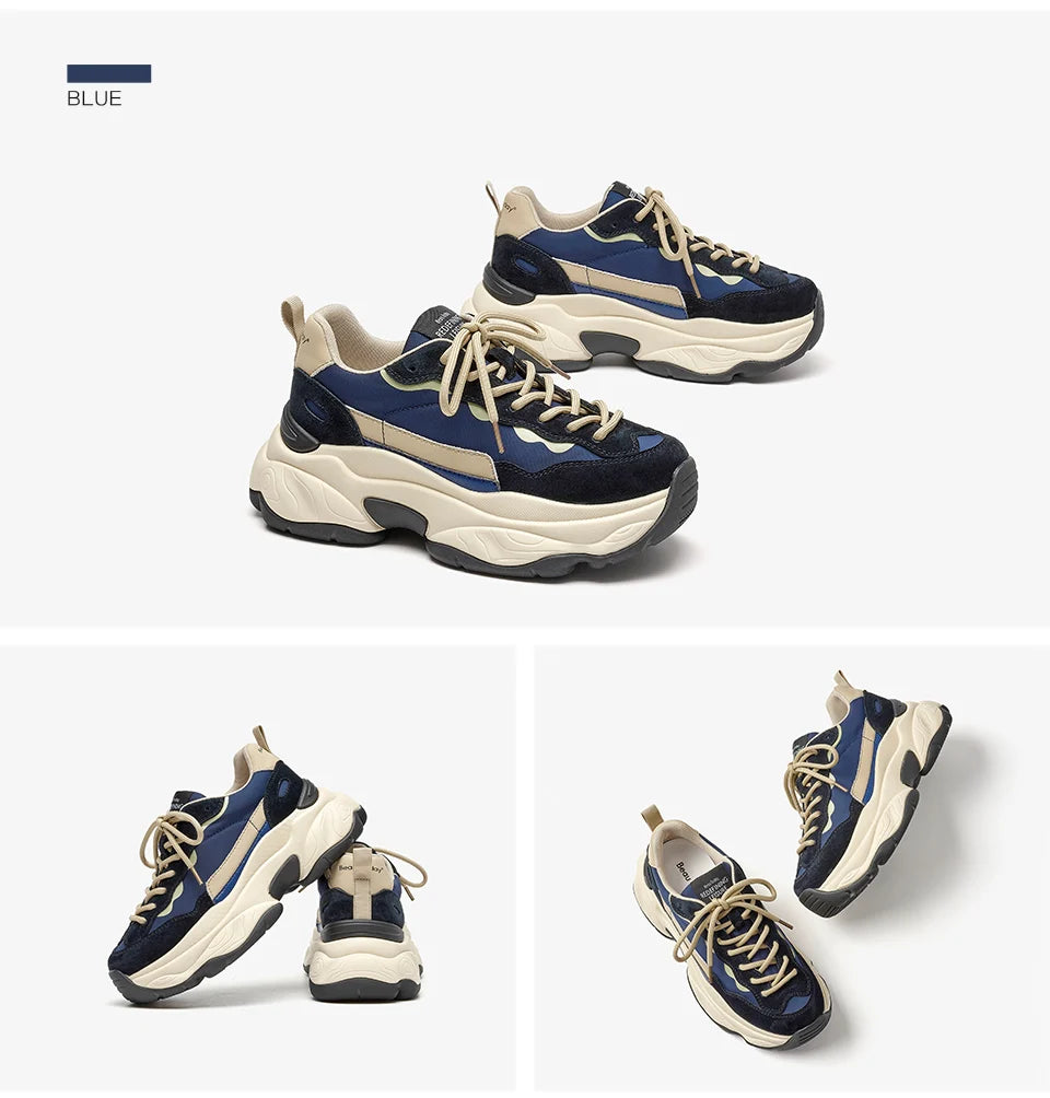 BeauToday Casual Sneakers Women Suede Leather Breathable Mesh Mixed Color Thick Sole Platform Shoes Ladies Flats Handmade 29430