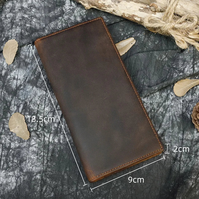 Men's Crazy Horse Leather Long Wallet Brown Real leather Trifold clutch snap purse Hasp purse with Phone pocket and coin pocket