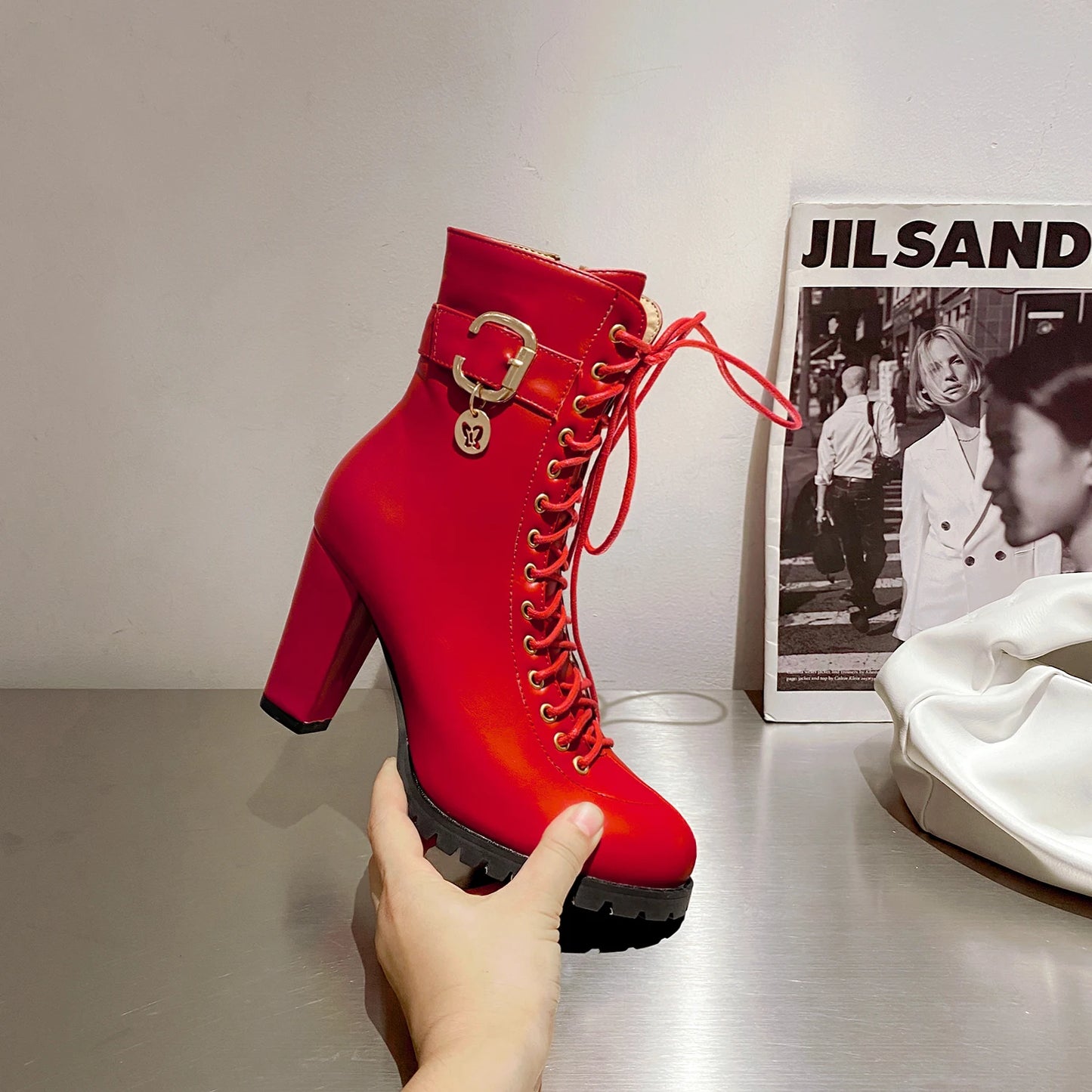 Women's Autumn Lace-Up Chunky Heel Ankle Boots with Belt Buckle Side Zipper High Heels Booties Lace Up Design Classic Lolita