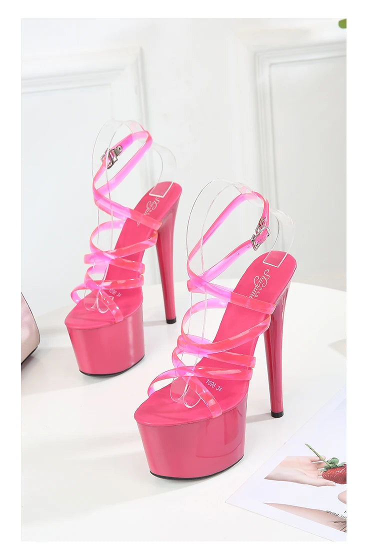 2022 Summer 15cm 17cm 20cm Transparent PVC Strap Sandals Women High Heels Platform Shoes Woman Cross Strap Sandals Big Size 43