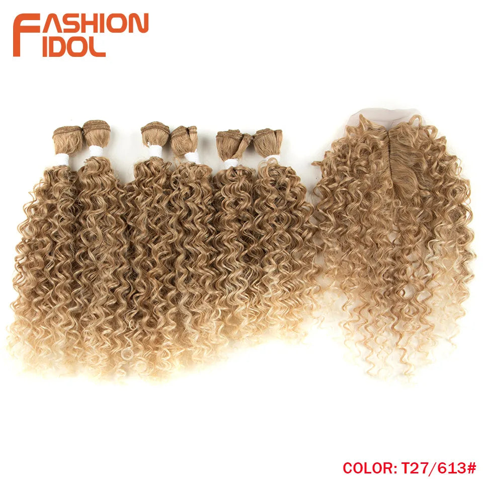 FASHION IDOL Afro Kinky Curly Hair Extensions 16-20 inch Synthetic Hair Bundles Lace With Closure Weave Ombre Blonde Fake Hair