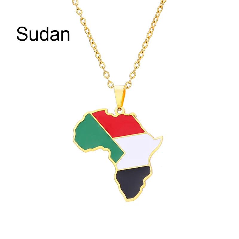 African Map Flag Pendant Necklace Stainless Steel Men Women Rwanda Sudan Uganda Zimbabwe Zambia Ethnic Maps Jewelry Gift