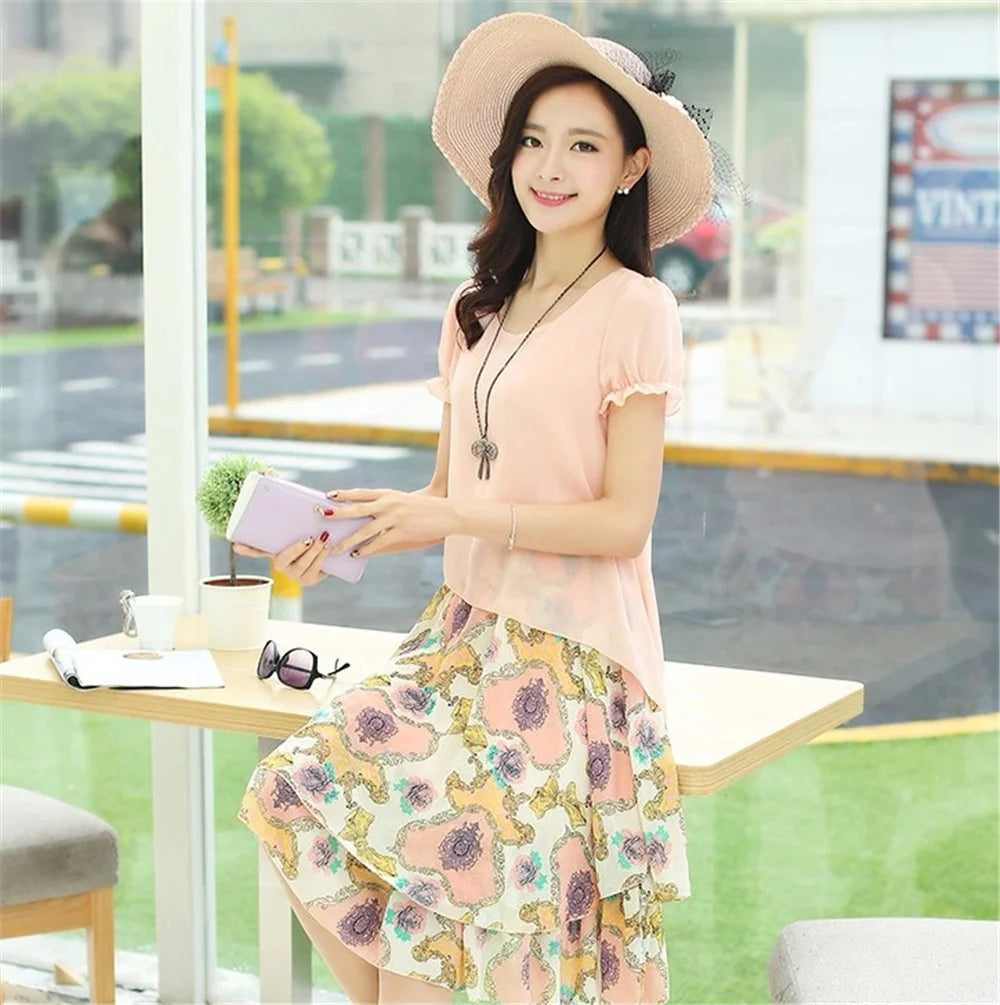 Women's Dress Set 2 piece Suit Girl Summer Chiffon Long Korean Blouse  Floral set for Beach Daily Japanese ouc2506