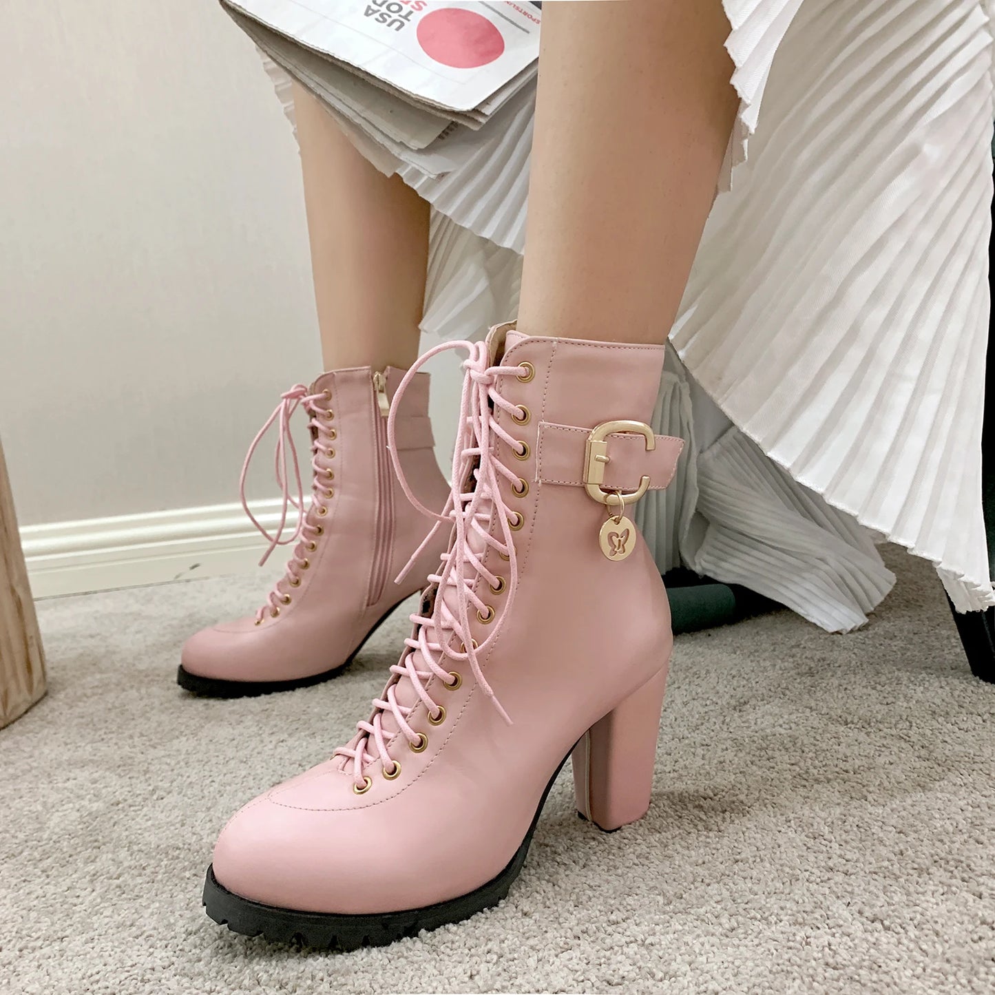 Women's Autumn Lace-Up Chunky Heel Ankle Boots with Belt Buckle Side Zipper High Heels Booties Lace Up Design Classic Lolita
