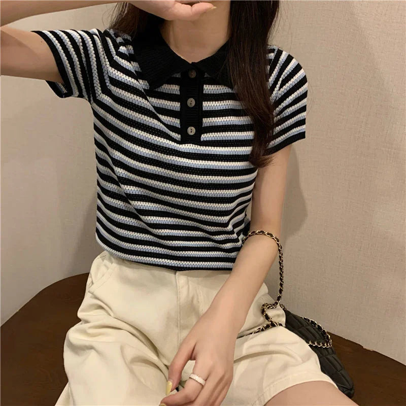 Woman TShirts Top Summer Women's 2021 Striped Knitted Short-Sleeved  Crop Top Mujer Camisetas
