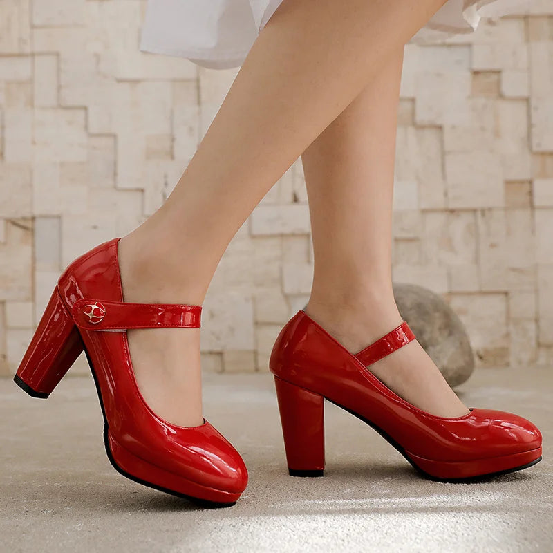 Elegant Women's High Heels Mary Janes Shoes Patent Red Pink White Heeled Party Wedding Shoes Female Dress Pumps Large Size 45