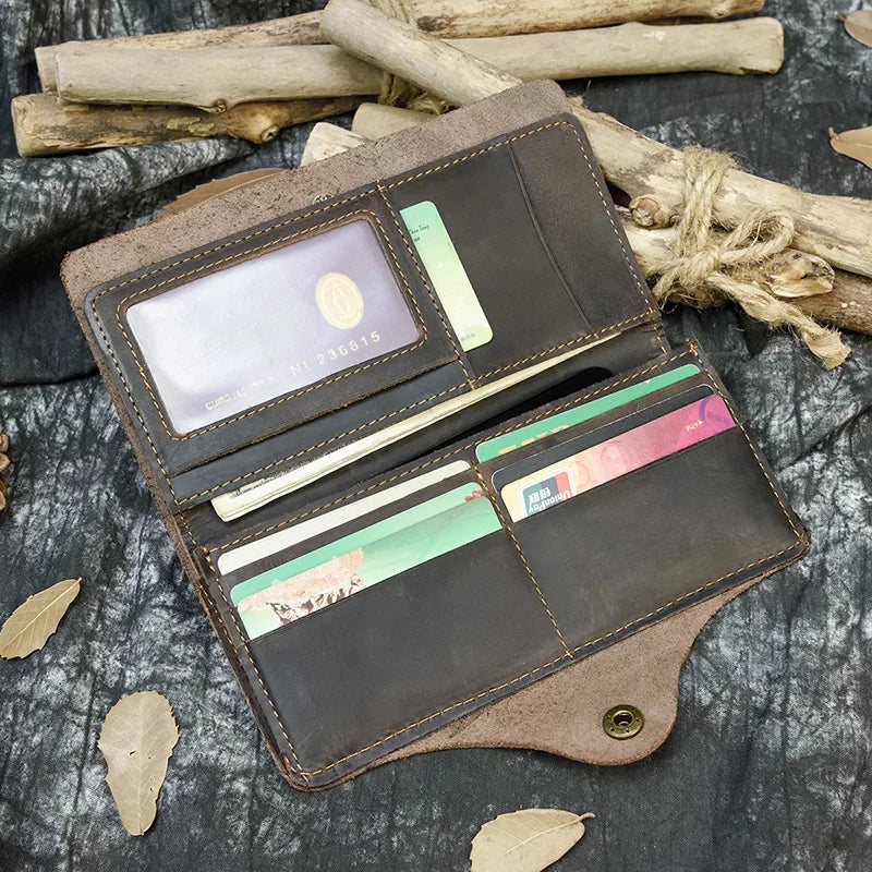 Men's Crazy Horse Leather Long Wallet Brown Real leather Trifold clutch snap purse Hasp purse with Phone pocket and coin pocket