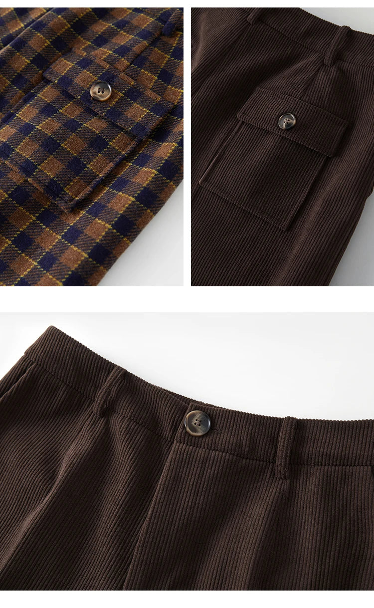 DUSHU Women's Winter Retro Corduroy Black Padded Shorts Plaid Loose Commuter Wide Leg Short Pants Women High Waisted Pants
