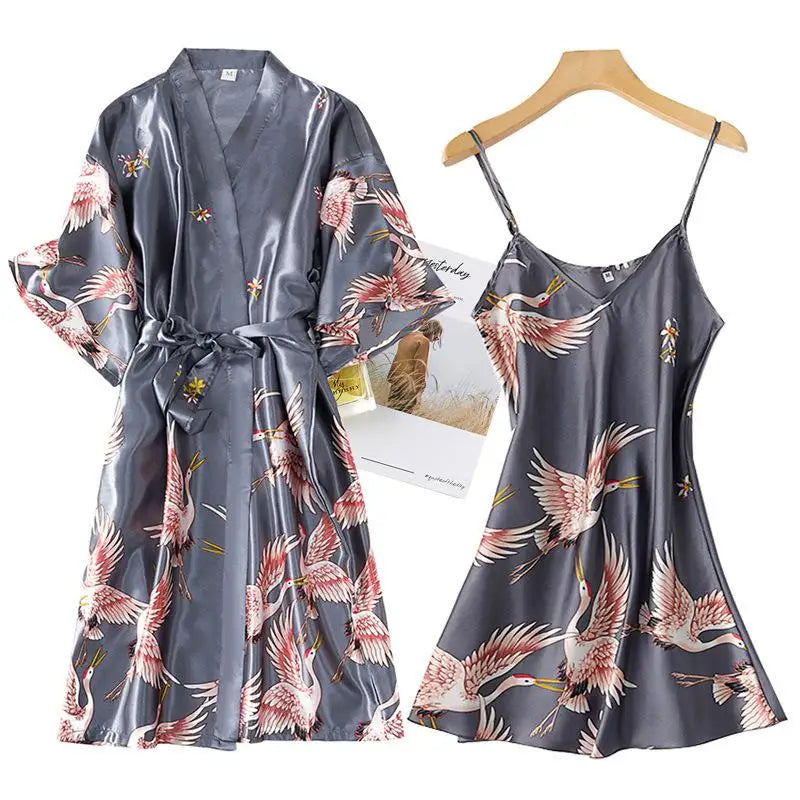Burgundy Women 2PCS Faux Silk Kimono Robe Gown Sets Sexy Print Crane Nightdress &Bathrobe Lingerie Nightgown Summer Sleepwear
