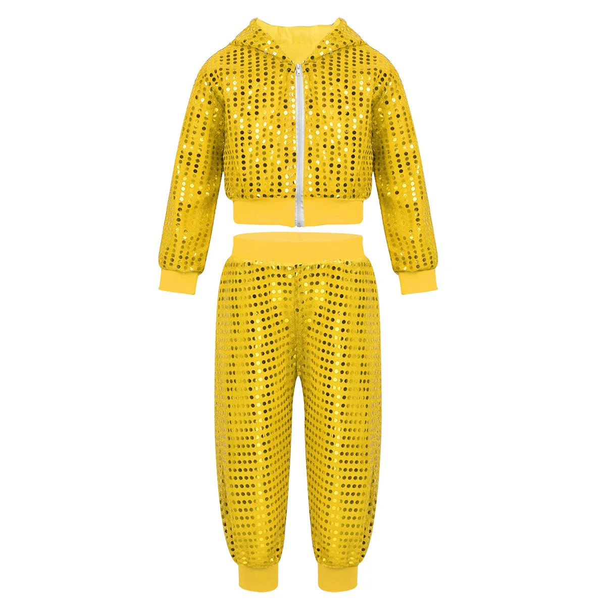 Kids Boys Girls Jazz Hip-hop Street Dance Costume Shiny Sequins Hooded Coat Tops with Pants Disco Party Performance Dancewear