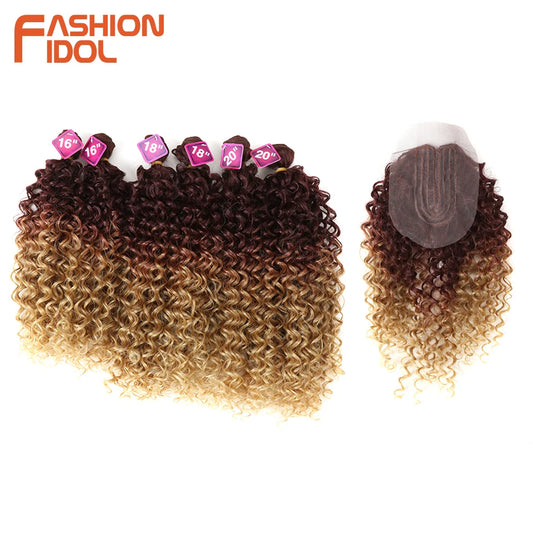 FASHION IDOL Afro Kinky Curly Hair Extensions 16-20 inch Synthetic Hair Bundles Lace With Closure Weave Ombre Blonde Fake Hair