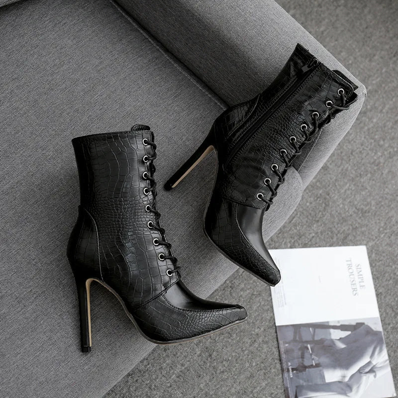 Snakeskin grain Ankle Boots For Women High heels Fashion Pointed toe Ladies Sexy shoes 2021 New Lace-Up Bootswf76