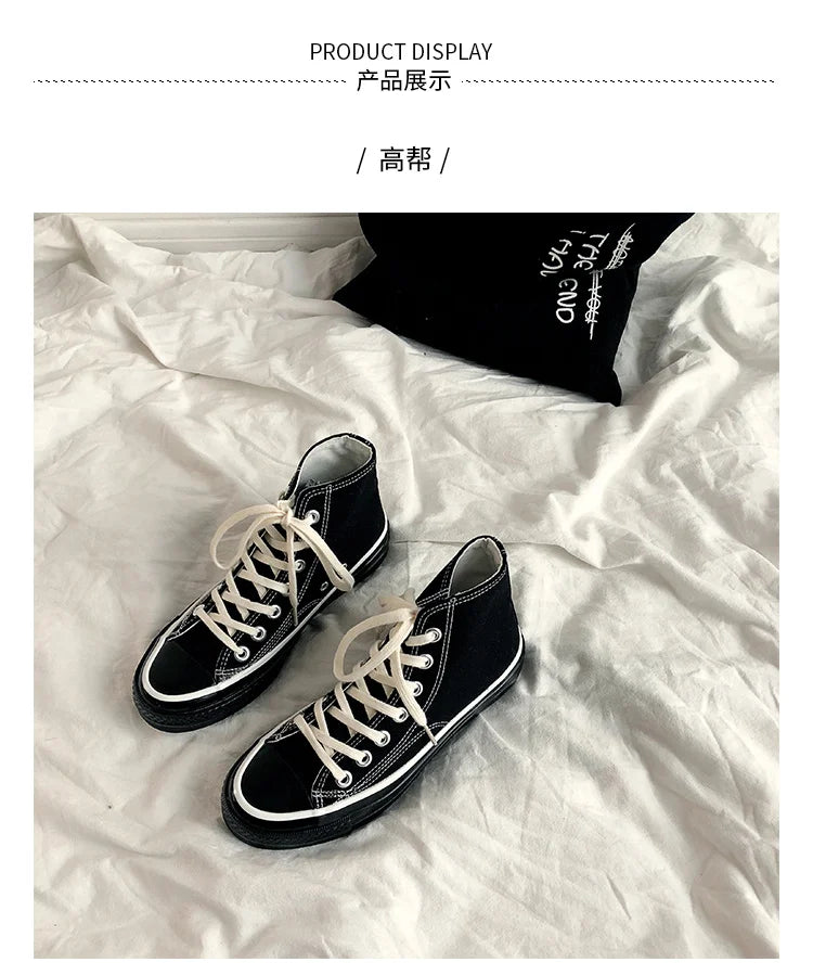 Classic Solid Black Unisex Canvas Shoes  New Spring High-top Outdoor Casual Sneakers Comfortable Breathable Footwear 35-44
