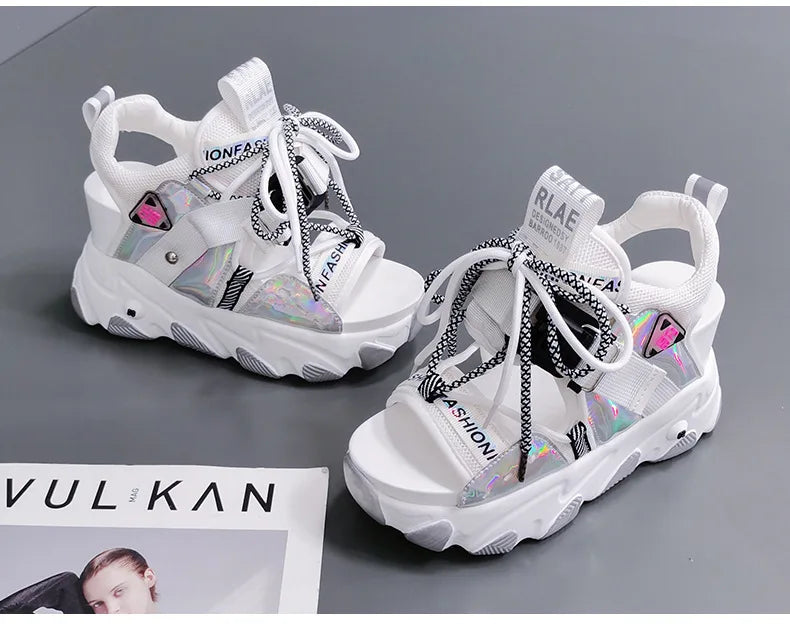 Comemore 2022 Platform Gladiator Sandals Lace Up White Sandals Women High Heels Wedges Casual Sports Shoes Woman Spring Summer