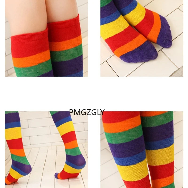Children Socks Girls Socks Knee Casual Fashion Rainbow Striped Printing Knee Socks Kids Breathable Cotton Girl Socks