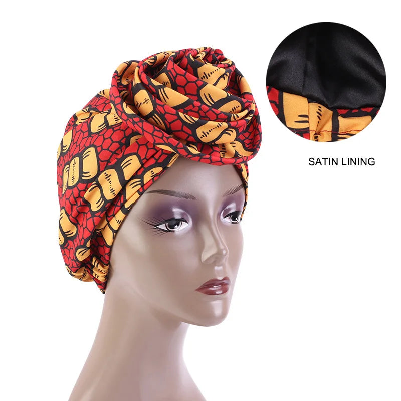 African Print Stretch Bandana Head Wrap Long Scarf Satin Floral Ankara Dashiki Women Party Turban Headwear Cap Hair Accessories