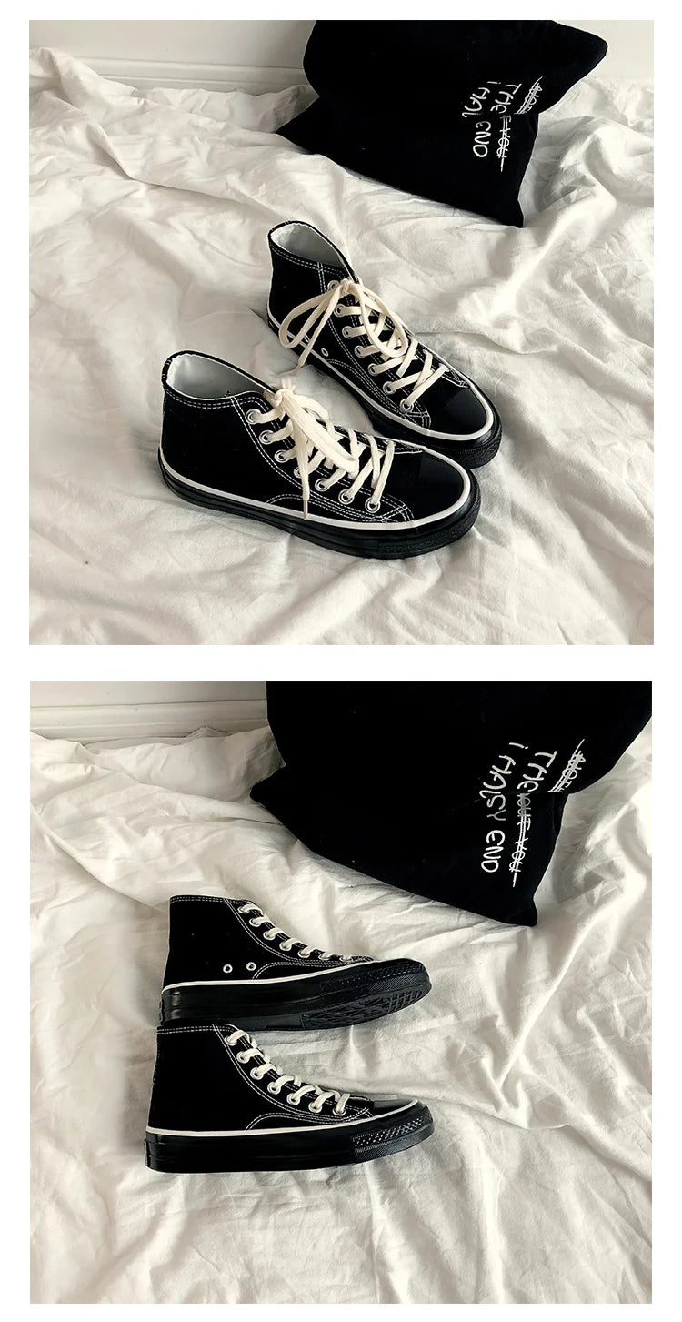 Classic Solid Black Unisex Canvas Shoes  New Spring High-top Outdoor Casual Sneakers Comfortable Breathable Footwear 35-44