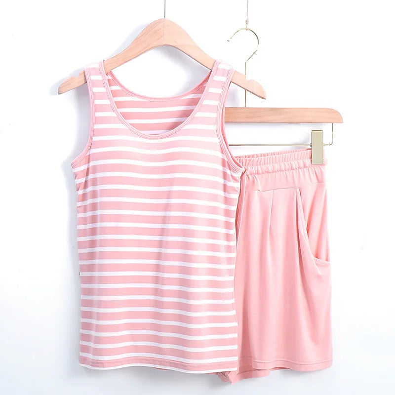 Summer Styles Sleepwear Set New Sleeveless Shorts Sexy Pajama Set Cute Women's Home Wear Striped Pyjamas With Chest Pad