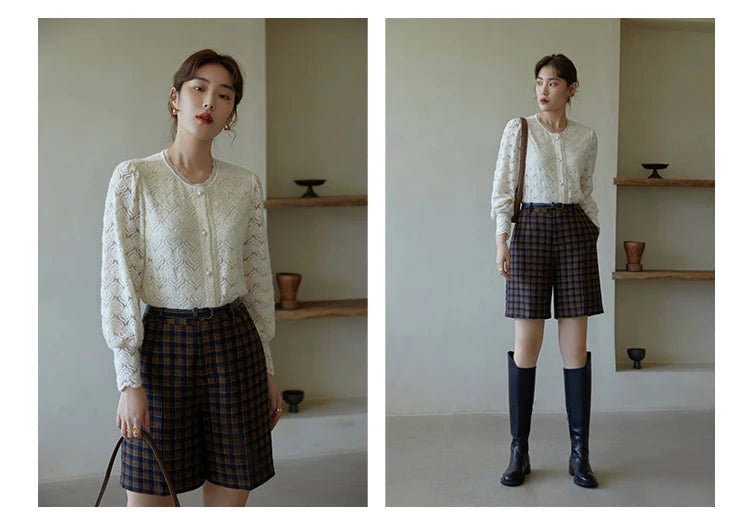 DUSHU Women's Winter Retro Corduroy Black Padded Shorts Plaid Loose Commuter Wide Leg Short Pants Women High Waisted Pants