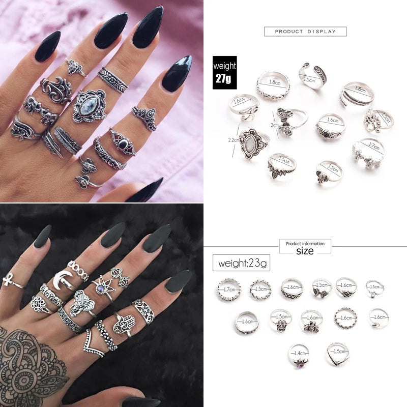 12pcs/Set Fashion Elephant Knuckle Rings Set For Women Crystal Stone Feather finger Ring Female Boho Party Jewelry Gift