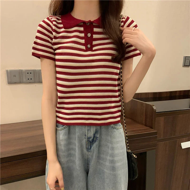 Woman TShirts Top Summer Women's 2021 Striped Knitted Short-Sleeved  Crop Top Mujer Camisetas