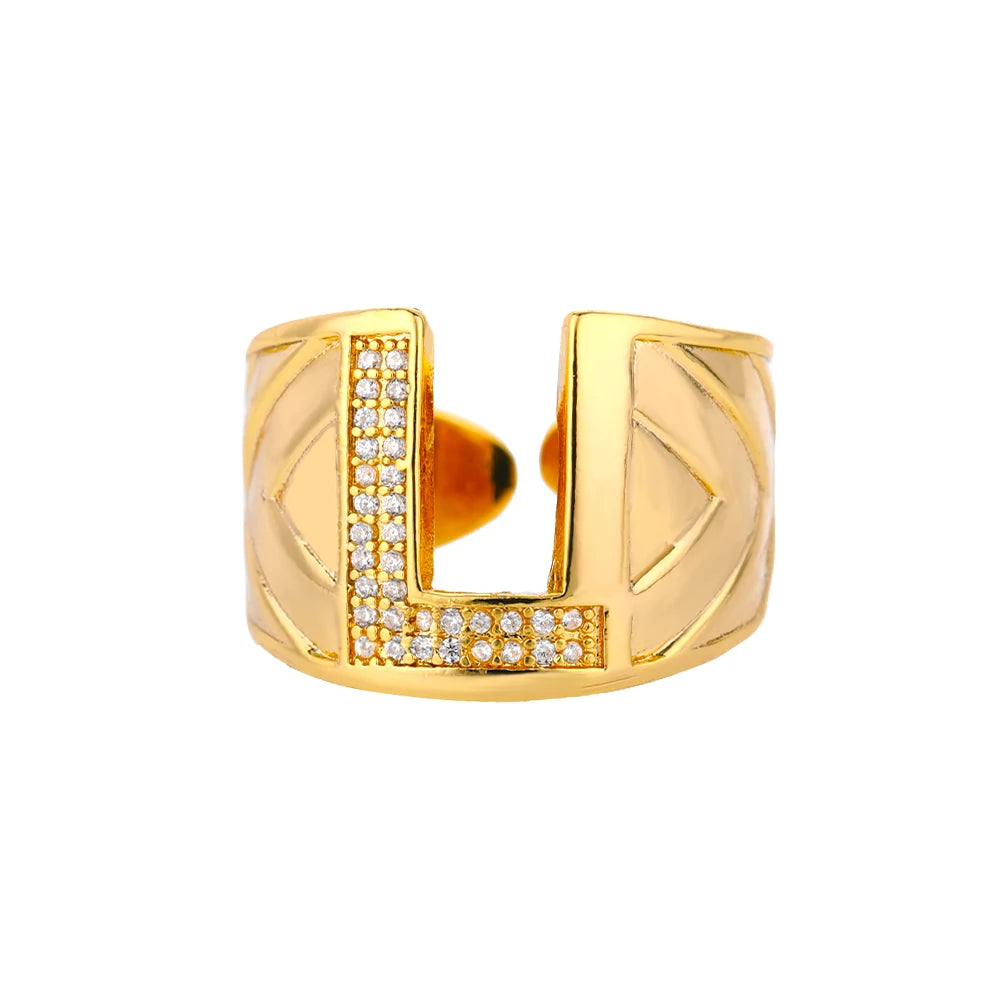 Chunky Zircon Initial Letter Rings For Women Stainless Steel Hip Hop Jewelry