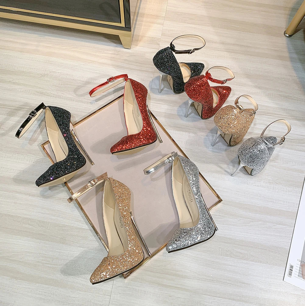 LLXF Spring 16cm Thin High Heels Shoes Woman Bling Pumps Sexy Nightclub Light Mouth Dance Pointed Toe Stilettos US11 12 13 14 15