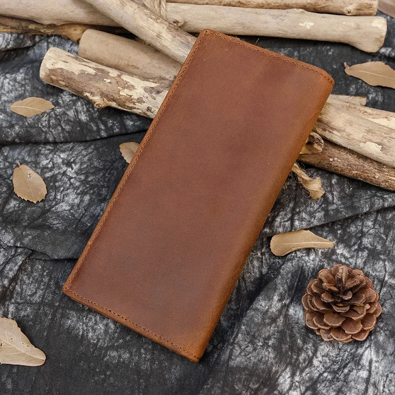 Men's Crazy Horse Leather Long Wallet Brown Real leather Trifold clutch snap purse Hasp purse with Phone pocket and coin pocket