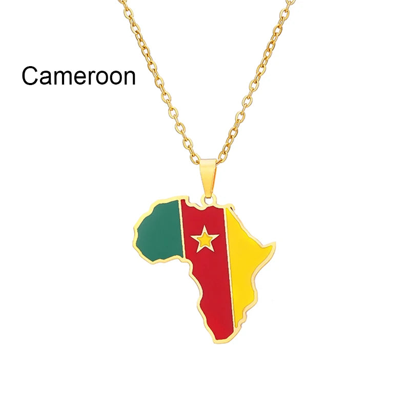 African Map Flag Pendant Necklace Stainless Steel Men Women Rwanda Sudan Uganda Zimbabwe Zambia Ethnic Maps Jewelry Gift