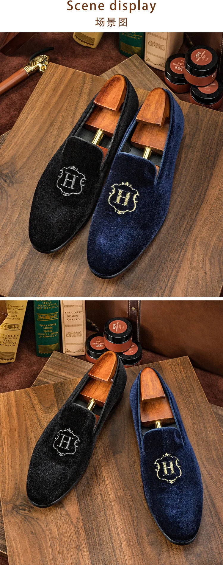 Hanmce 2025 New Design Fashion Velvet Material Slip On Luxury Hand Made Smoking Men Shoes