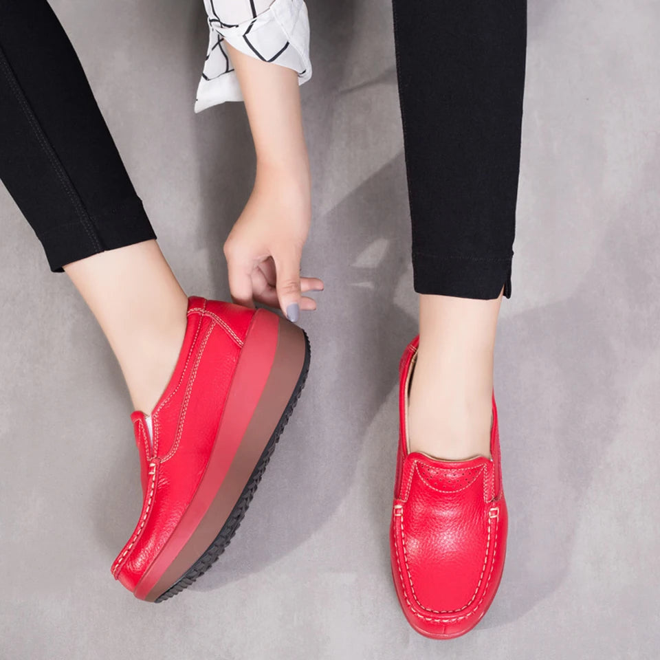 Women's Spring Autumn Genuine Leather Loafers - Fall Slip-On Round Toe Navy Platform Casual Flat Shoes