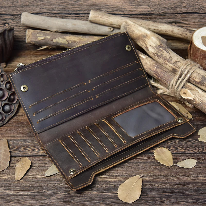 Men's Crazy Horse Leather Long Wallet Brown Real leather Trifold clutch snap purse Hasp purse with Phone pocket and coin pocket