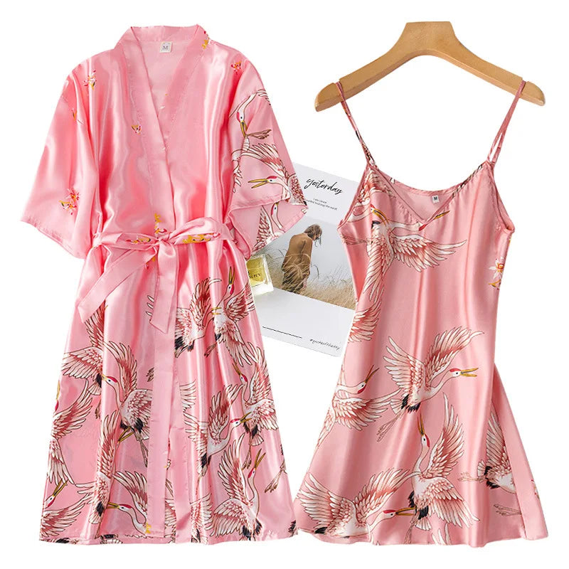 Burgundy Women 2PCS Faux Silk Kimono Robe Gown Sets Sexy Print Crane Nightdress &Bathrobe Lingerie Nightgown Summer Sleepwear