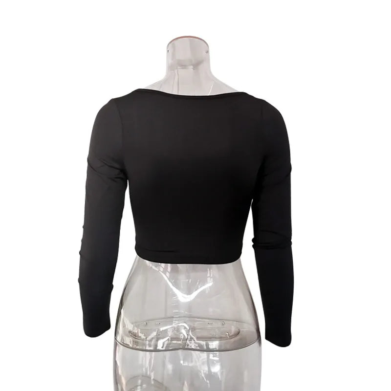 Women Summer Spring Crop Top Square Neck Long Sleeve Black White Tee