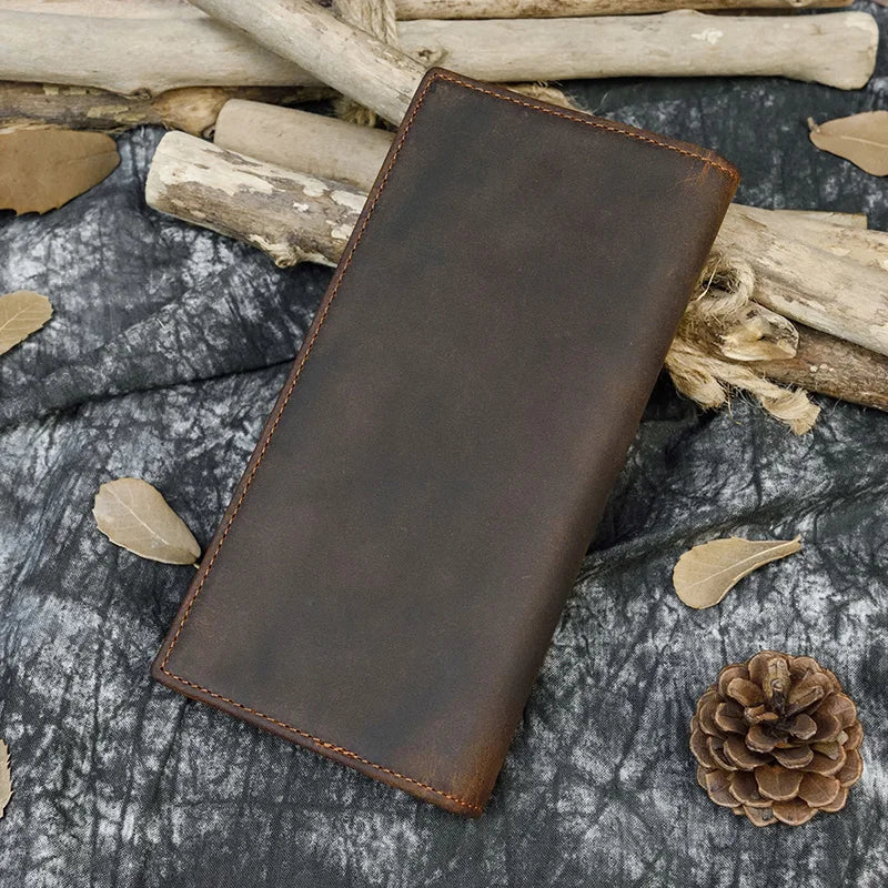 Men's Crazy Horse Leather Long Wallet Brown Real leather Trifold clutch snap purse Hasp purse with Phone pocket and coin pocket