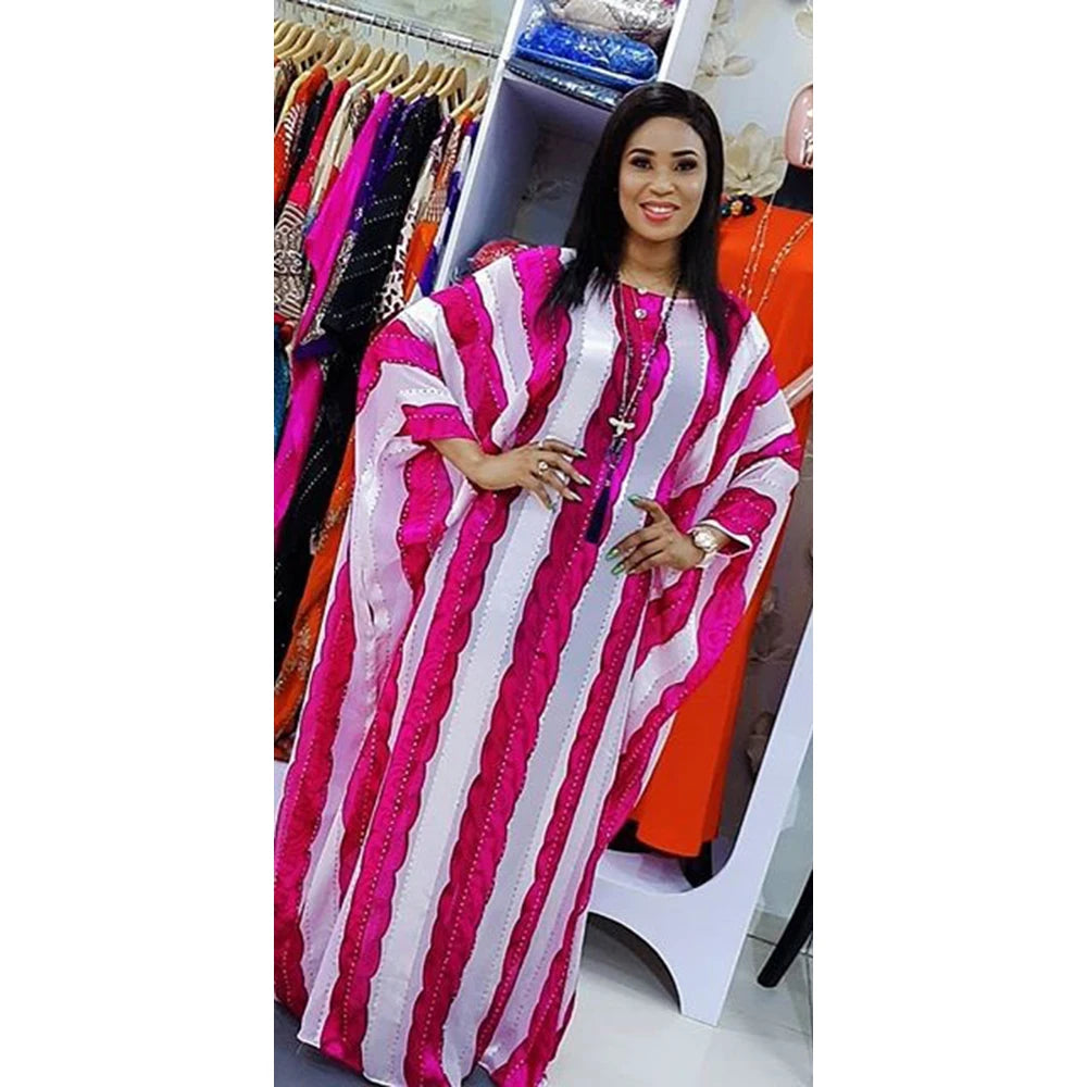 New Arrivals Spring Striped Loose Fashion African Dresses for Women Bazin Riche Sexy Batwing Sleeve Femme Robe