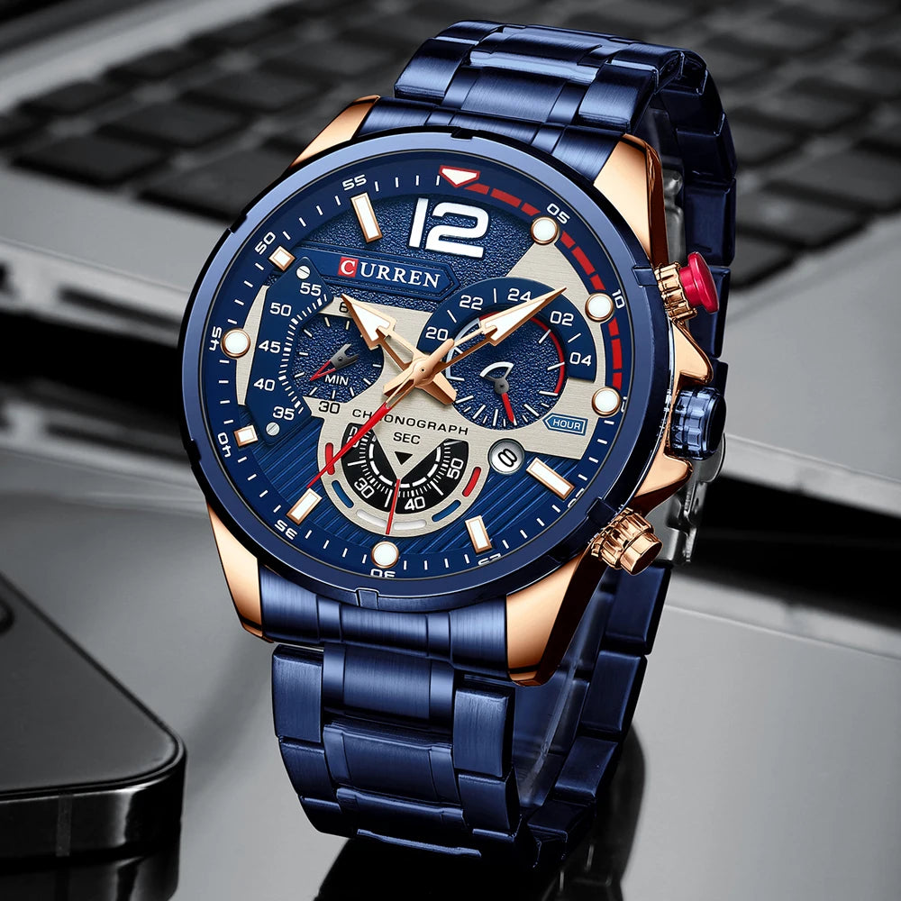 CURREN Luxury Brand Sport Wristwatches for Man Luminous Quartz Watches Casual Chronograph Stainless Steel Male Clock