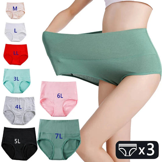 3Pcs Women's Panties Plus Size High Waist Underwear Female Sexy Lingerie Cotton Brief Gril Underpant Breathable Intimates Ladies