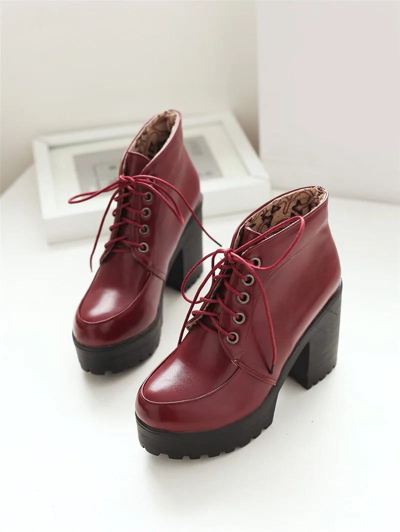 Lace Up Sexy Women's Ankle Boot Spring Autumn Fashion Platform Punk High Heels Black White Red Pumps Autumn Rubber Shoes Woman