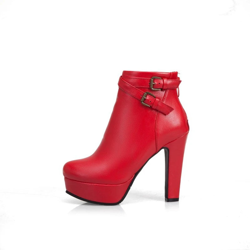 REAVE CAT Size 34-50 Ladies Platform Ankle Boots Party Office Women Fashion 12CM Thick High Heels Buckle Shoes F1484