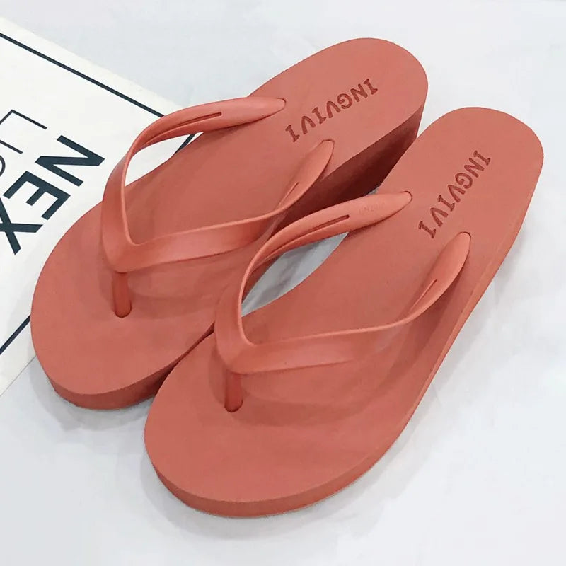 EOFK Women Flip Flops Wedges Casual Shinny Beach 3.5 Cm Height PVC Solid Summer Outside Slippers Soft Shoes