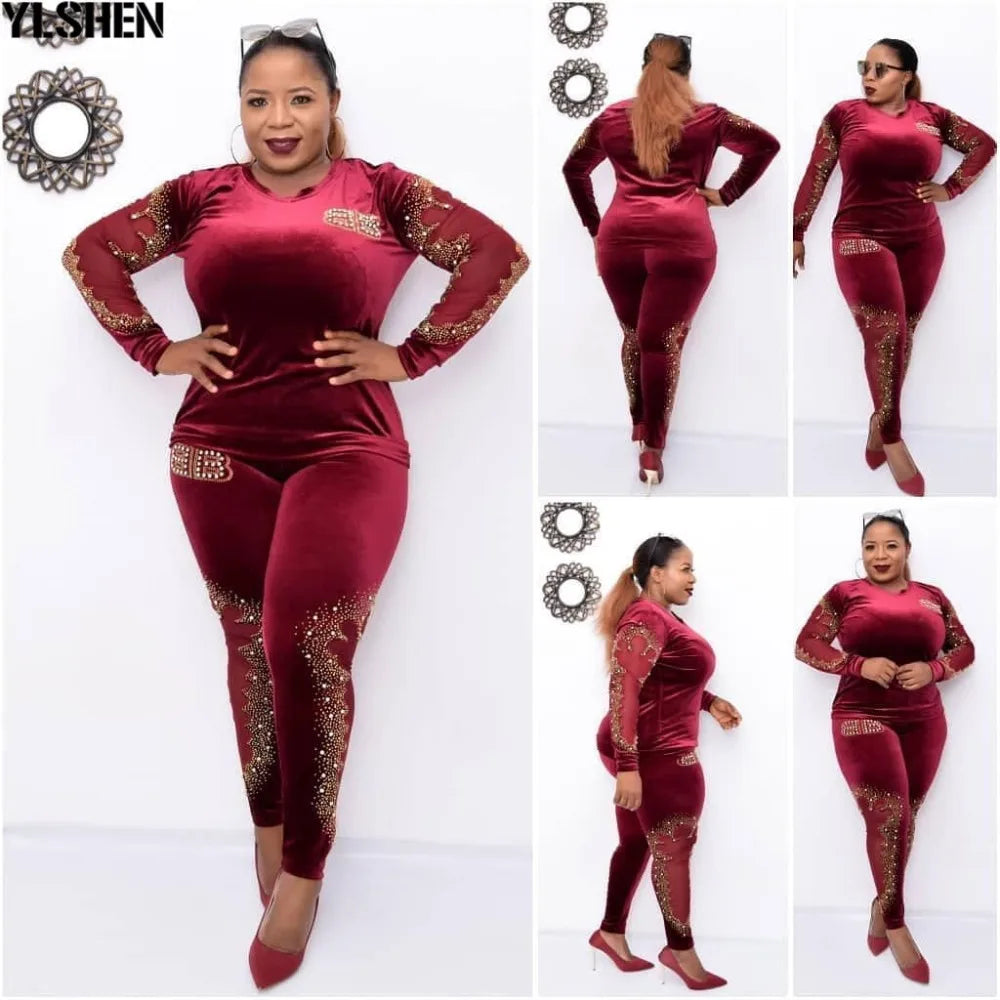 African Sets For Women 2024 Long Sleeve Beading Diamonds African Elastic Bazin Baggy Pants Rock Style Dashiki Famous Suit Lady