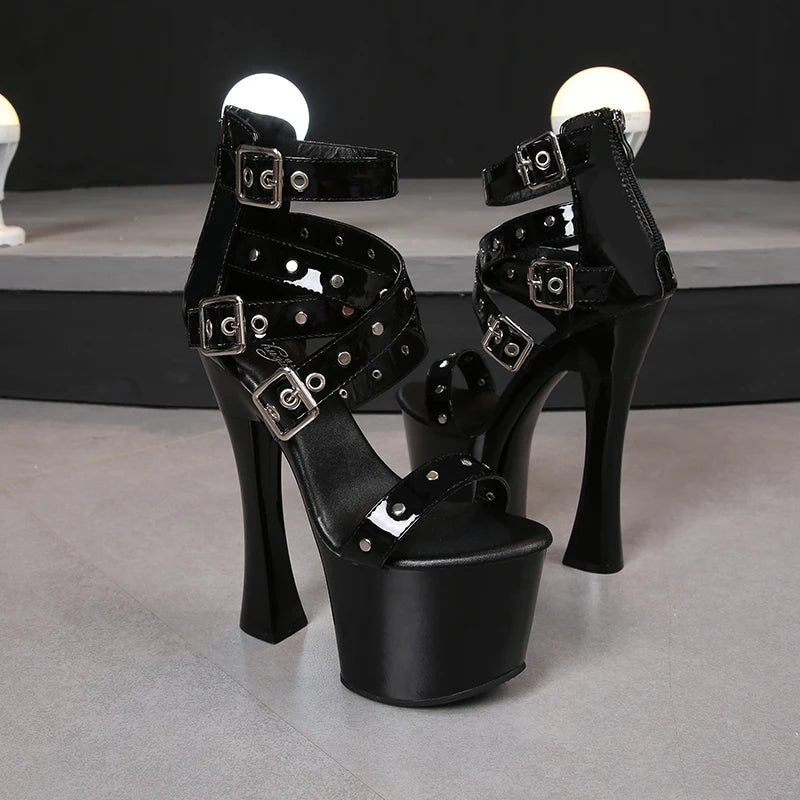 Summer Night Club Women Rivets Sandals 2021 New Thick High Heel Platform Lady Open Toe High Heels Fashion Belt Buckle Zip Shoes