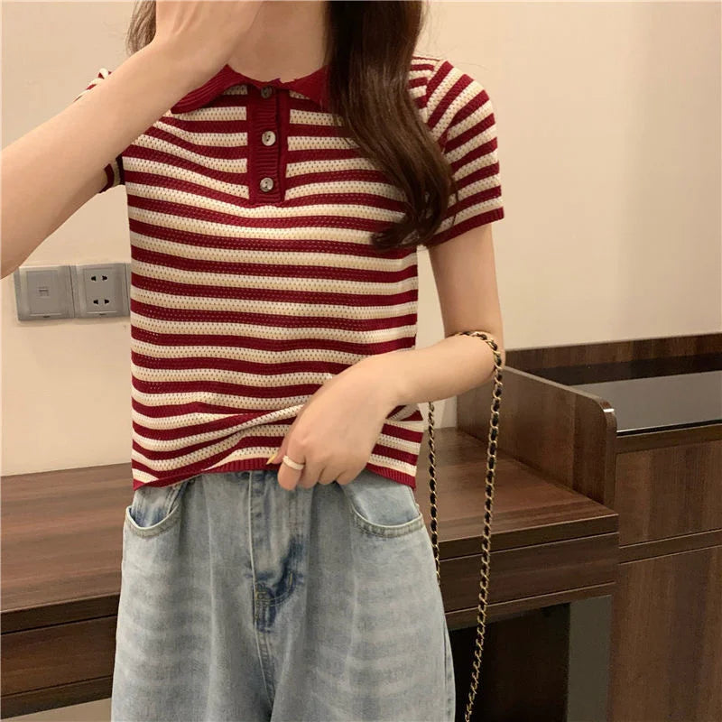 Woman TShirts Top Summer Women's 2021 Striped Knitted Short-Sleeved  Crop Top Mujer Camisetas
